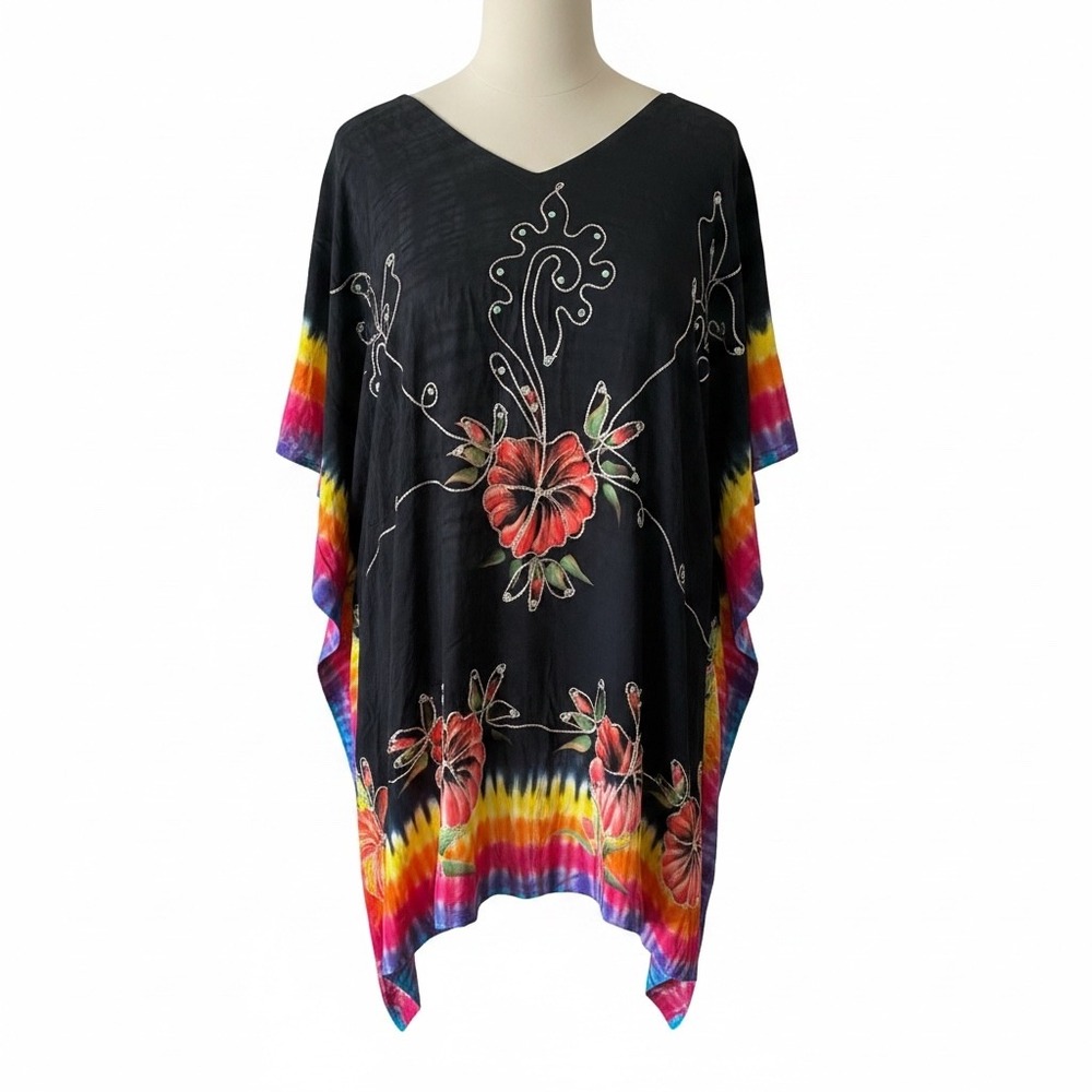 Island Planet Beaded Embroidered Floral Tie Dye Sequin Black Kaftan Cover Up‎ OS
